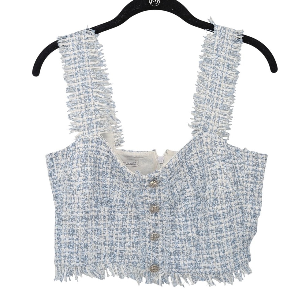 Zara Tweed Bustier Crop Top Womens Large Blue Tweed Fray Academia Y2K Sleeveless